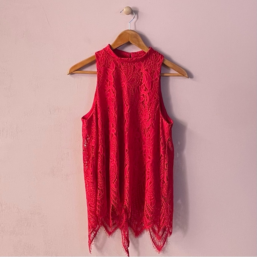 Blue Rain Red Lacey Mock Neck Top Size M EUC